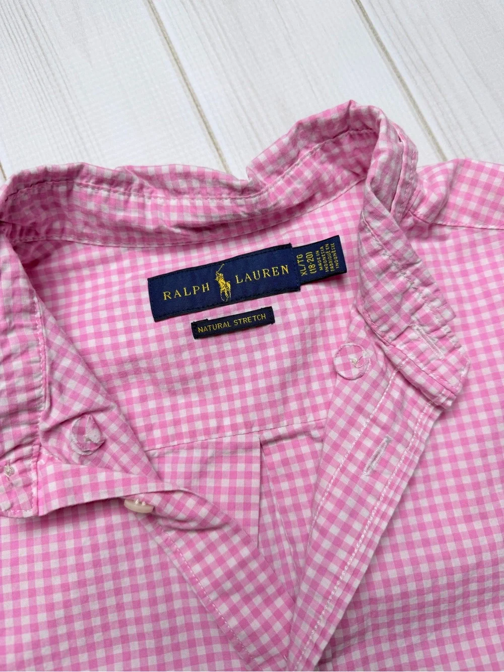 Ralph Lauren Pink Gingham Short-Sleeve Button-Down Shirt with Navy Pony